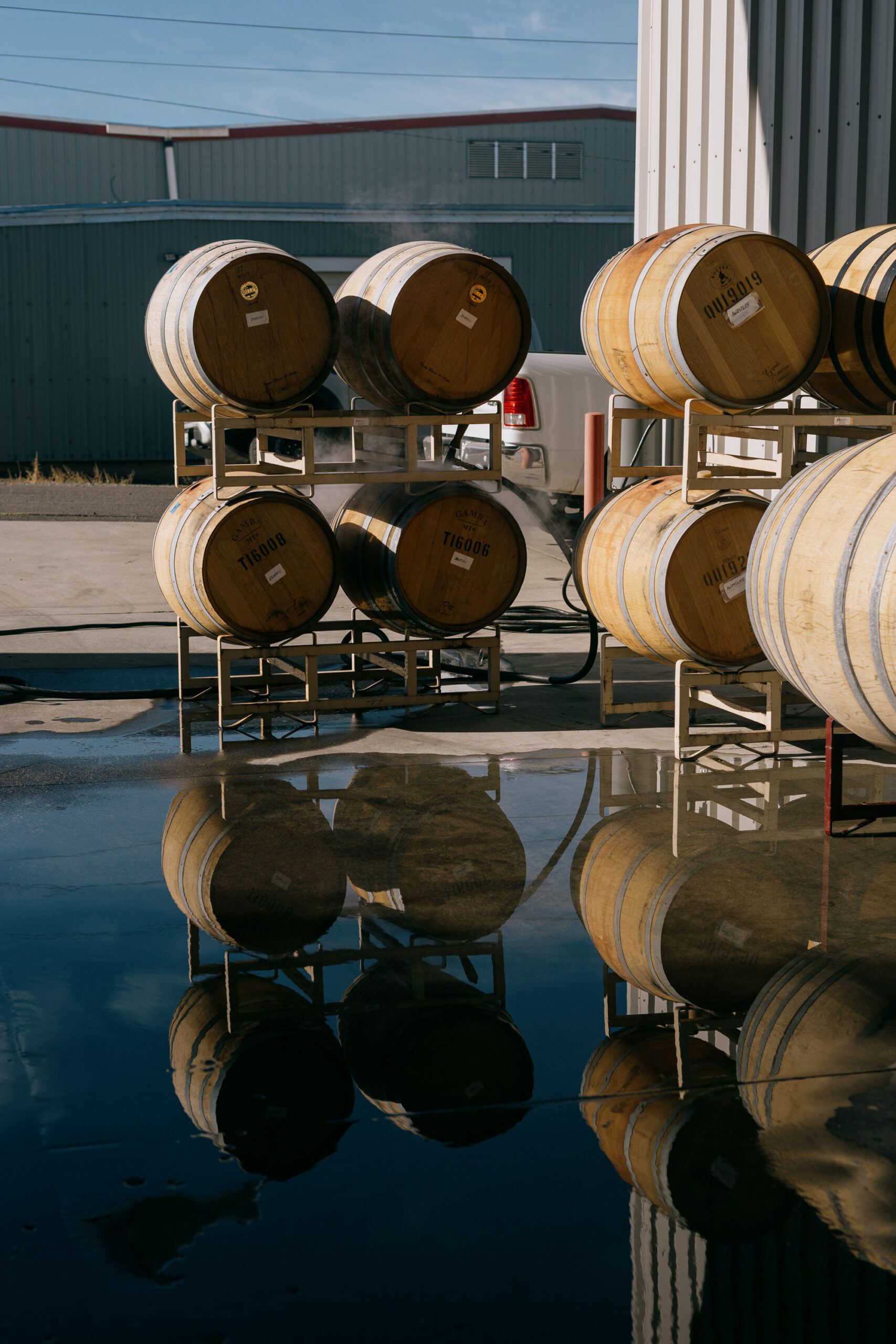 Barrels reflected in a wet cellar yard